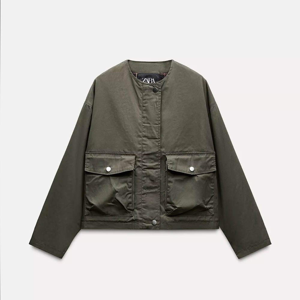 Zara Khaki Green Contrast Cuffs Jacket Sz M NWOT